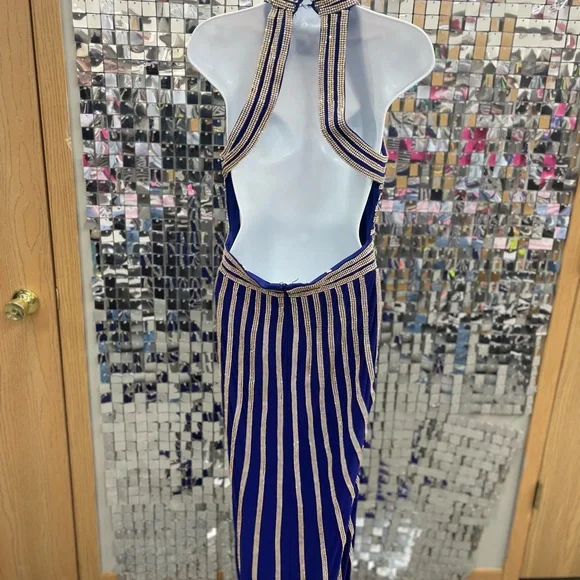 Elegant Striped Blue and Gold Halter Dress Elegant Striped Blue and Gold Halter Dress